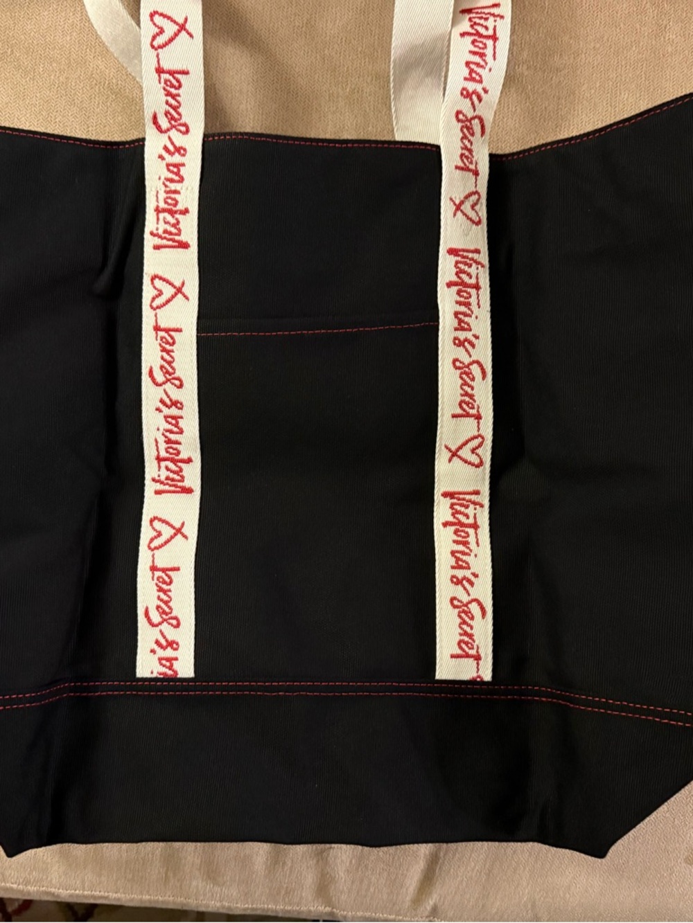 Victoria's Secret Black Tote with Cream Logo Straps and Red Script